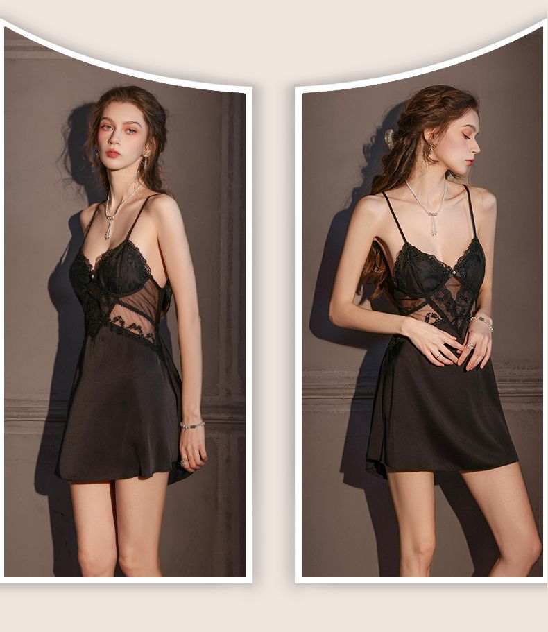 Sexy Nightdress for Women Ice Silk Strap Nightgown Pure Desire Style High-end Beautiful Back Lace Loungewear