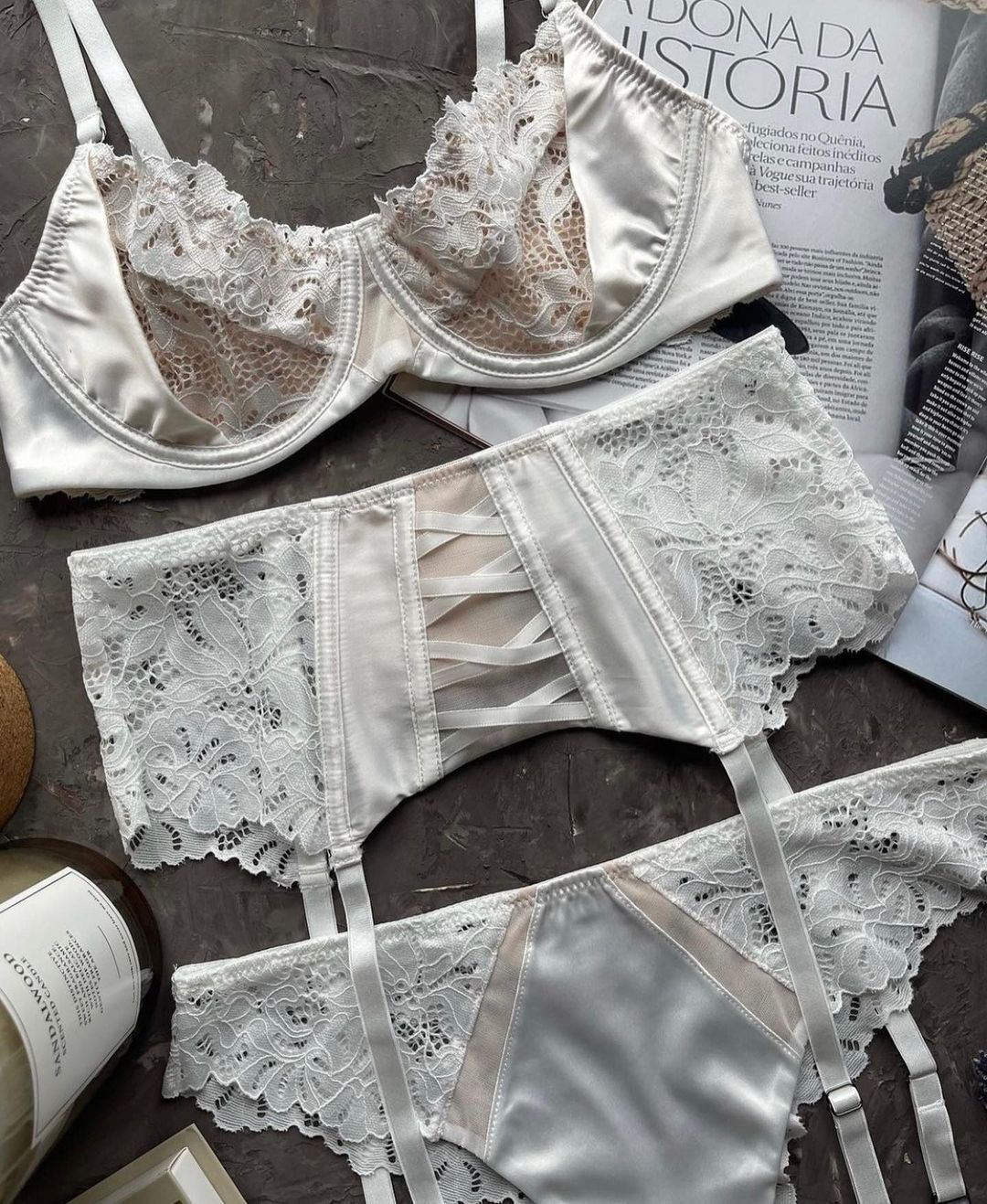 Elegant White Satin &amp; Floral Lace Lingerie Set (Bralette + Garter Belt + Panty) - Romantic Retro Style Intimate Wear