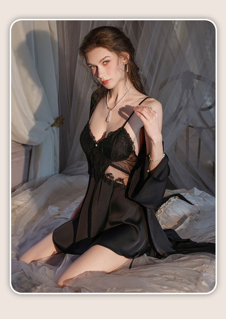 Sexy Nightdress for Women Ice Silk Strap Nightgown Pure Desire Style High-end Beautiful Back Lace Loungewear