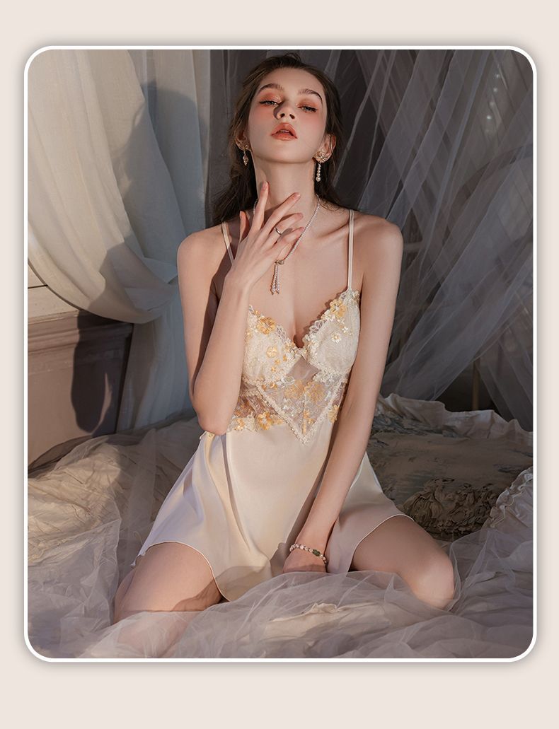 Sexy Nightdress for Women Ice Silk Strap Nightgown Pure Desire Style High-end Beautiful Back Lace Loungewear